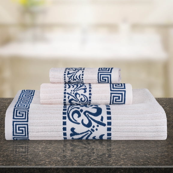 BNM Cotton Greek Scroll 3 Piece Towel Set, Ivory/Navy