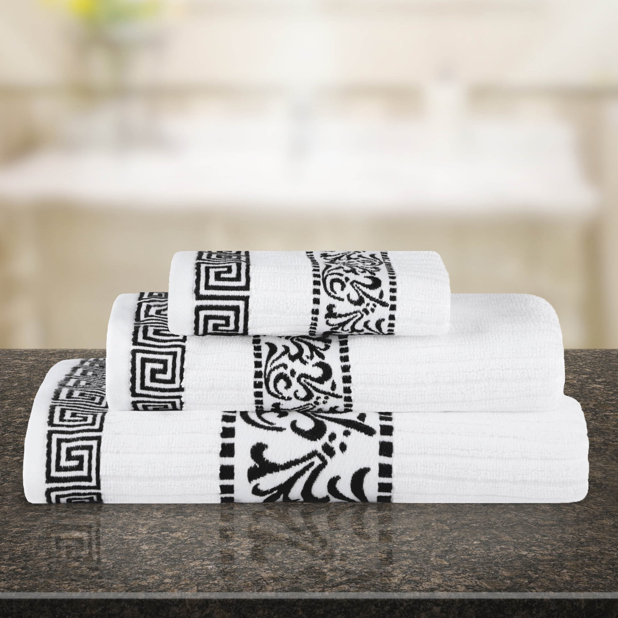 BNM Cotton Greek Scroll 3 Piece Towel Set, White/Black