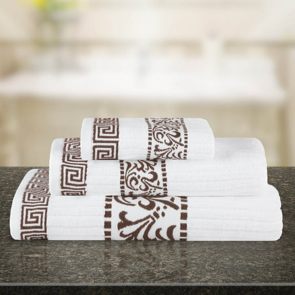 BNM Cotton Greek Scroll 3 Piece Towel Set, White/Chocolate