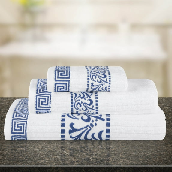 BNM Cotton Greek Scroll 3 Piece Towel Set, White/Navy-Blue