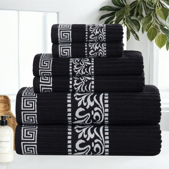 BNM Cotton Greek Scroll 6 Piece Towel Set, Black/White