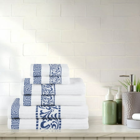 BNM Cotton Greek Scroll 6 Piece Towel Set, White/Navy-Blue