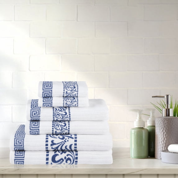 BNM Cotton Greek Scroll 6 Piece Towel Set, White/Navy-Blue