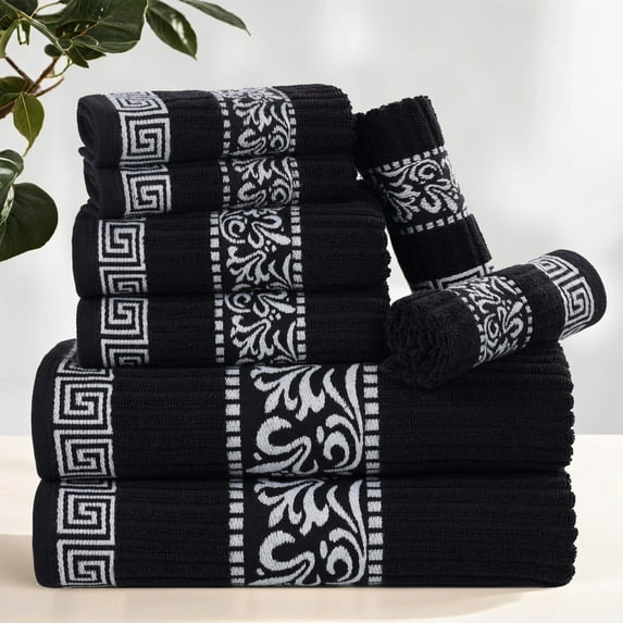BNM Cotton Greek Scroll 8 Piece Towel Set, Black/White