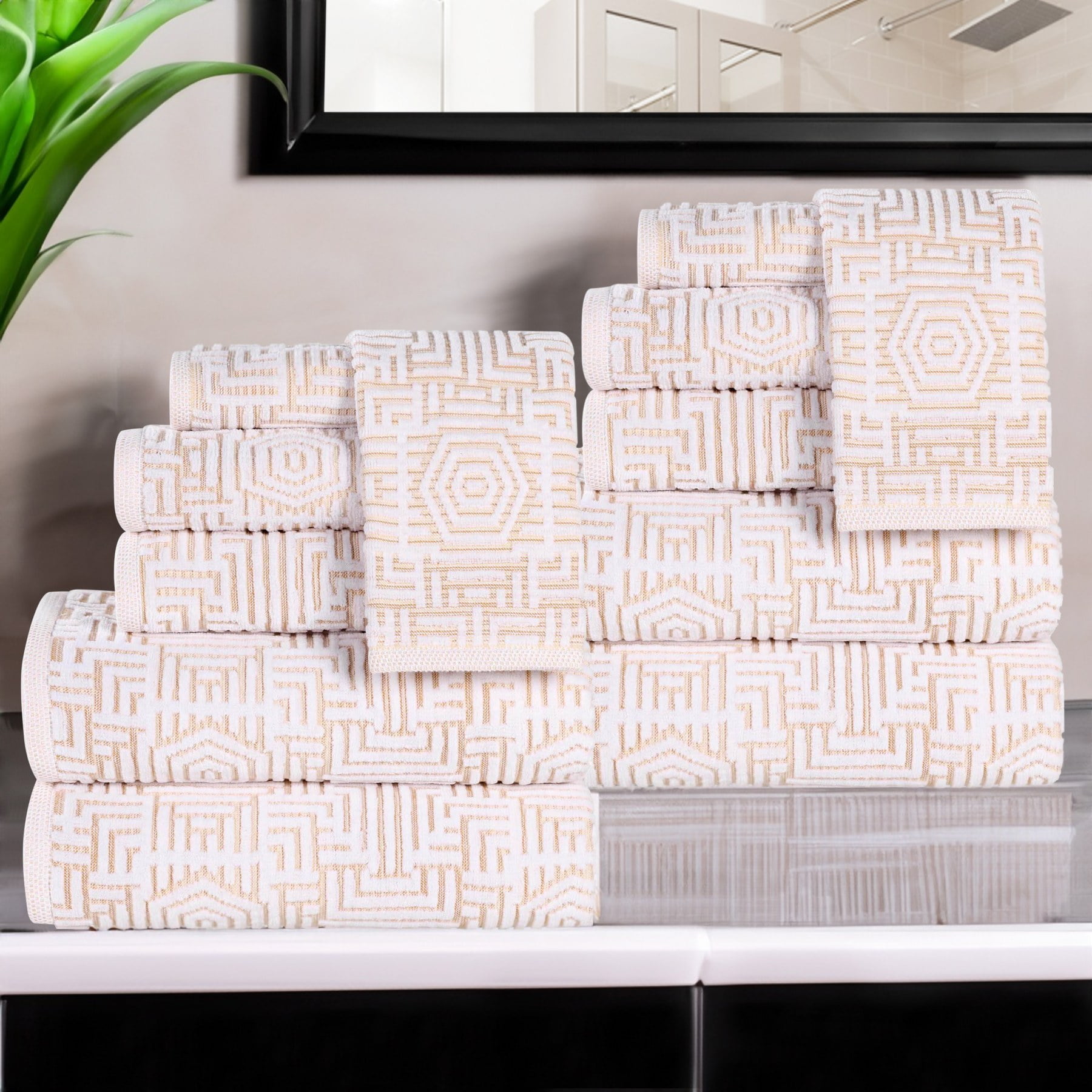 Gold and White Cotton Geometric Jacquard 12 Piece Towel Set