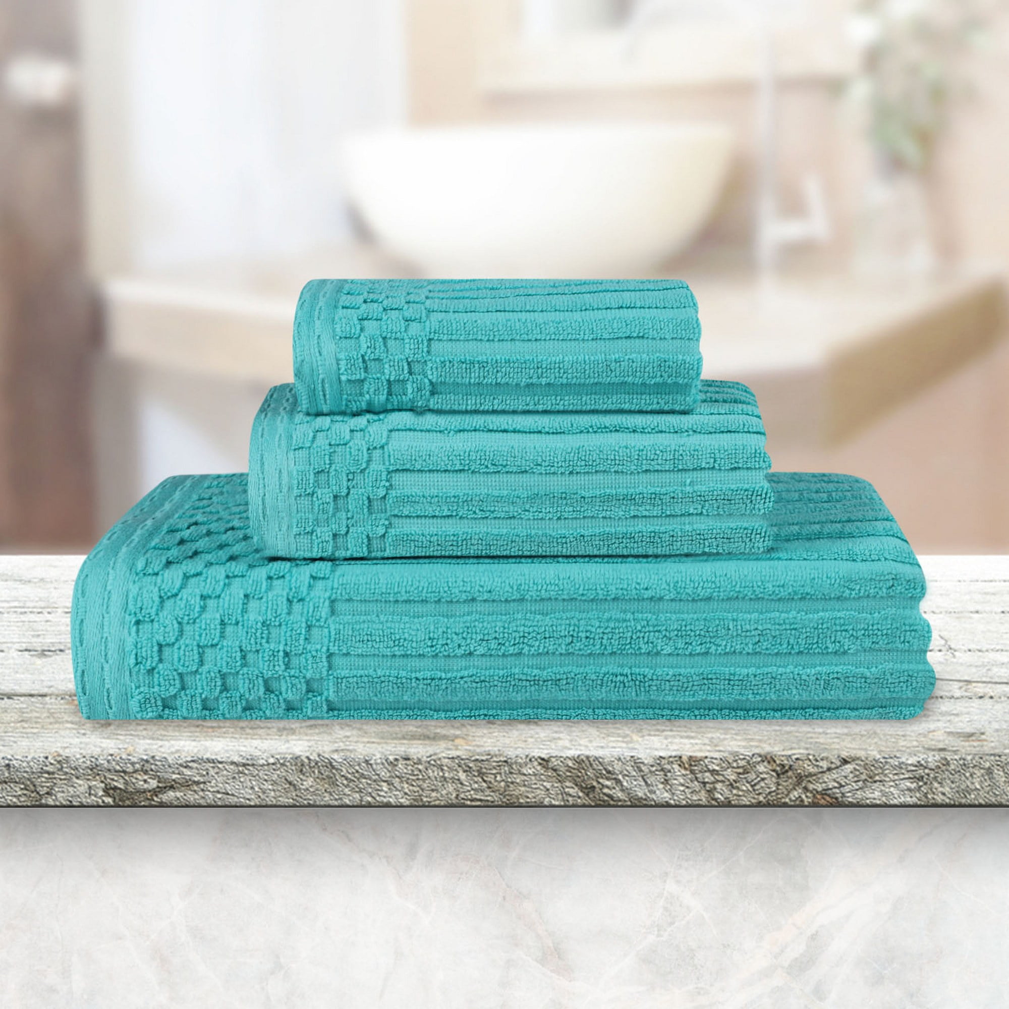 Turquoise Cotton Ribbed Checkered Border 3 Piece Towel Set