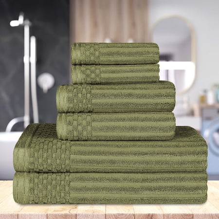 BNM Cotton Ribbed Checkered 6 Piece Towel Set, Sage