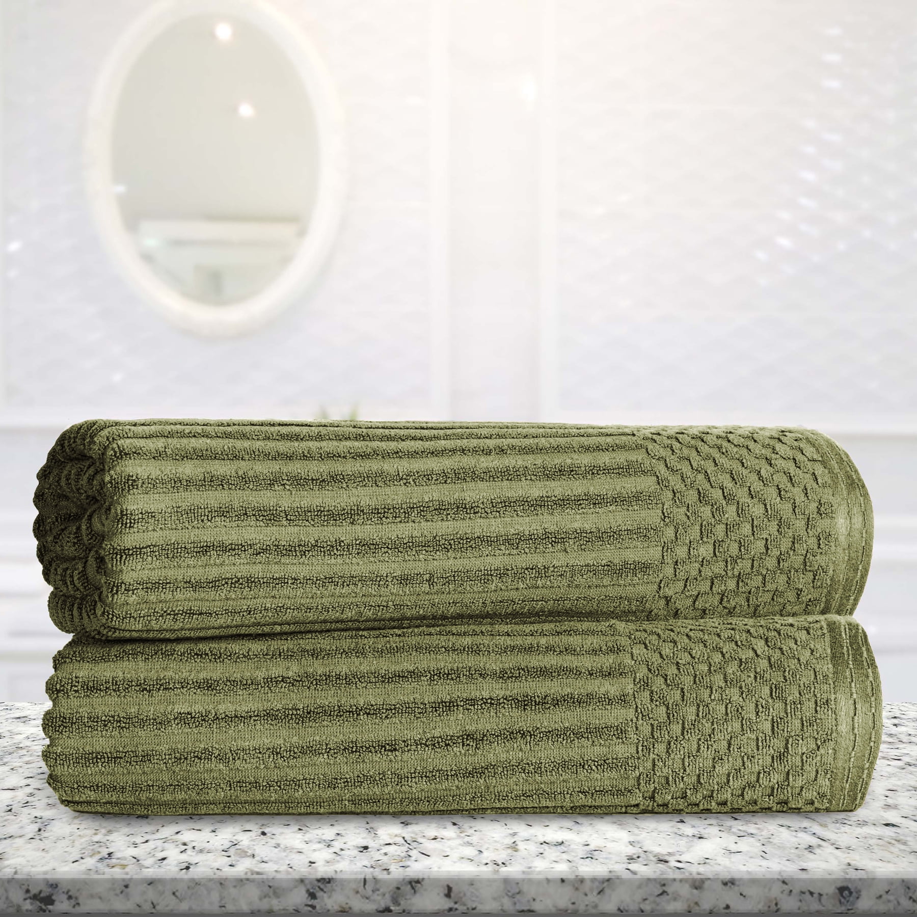 Sage Cotton Ribbed and Checkered Oversized Towel Set