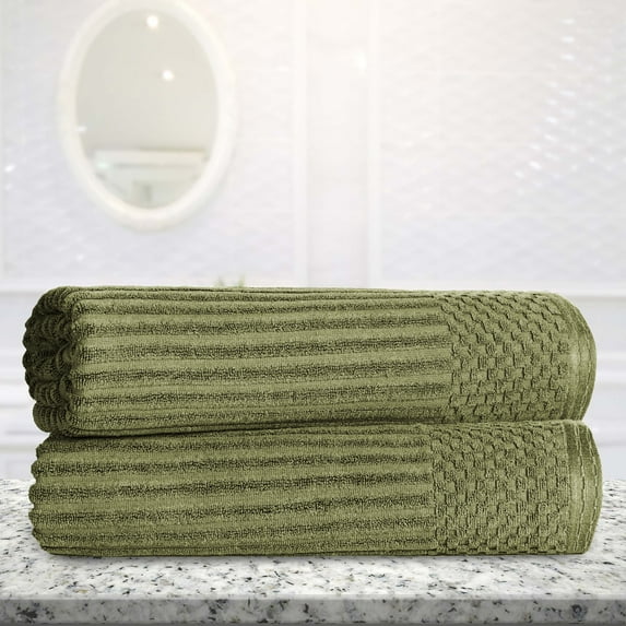 BNM Cotton Ribbed Checkered Bath Sheets (Set of 2), Sage