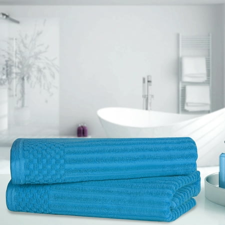 BNM Cotton Ribbed Checkered Bath Towels (Set of 2), Azure