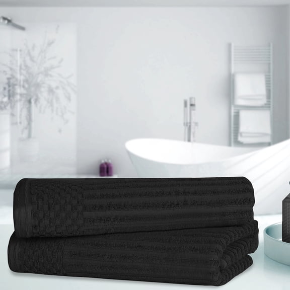 BNM Cotton Ribbed Checkered Bath Towels (Set of 2), Black