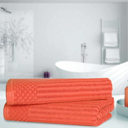 BNM Cotton Ribbed Checkered Bath Towels (Set of 2), Coral