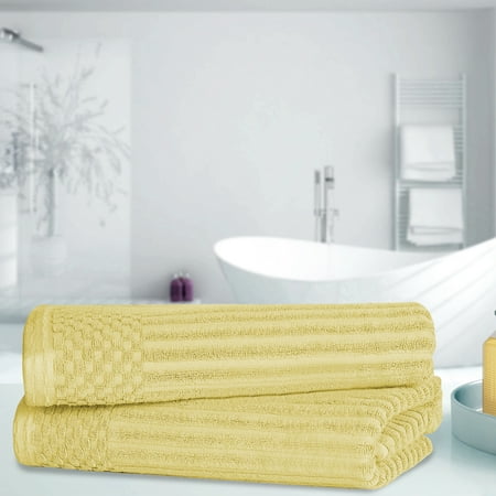 BNM Cotton Ribbed Checkered Bath Towels (Set of 2), Golden Mist