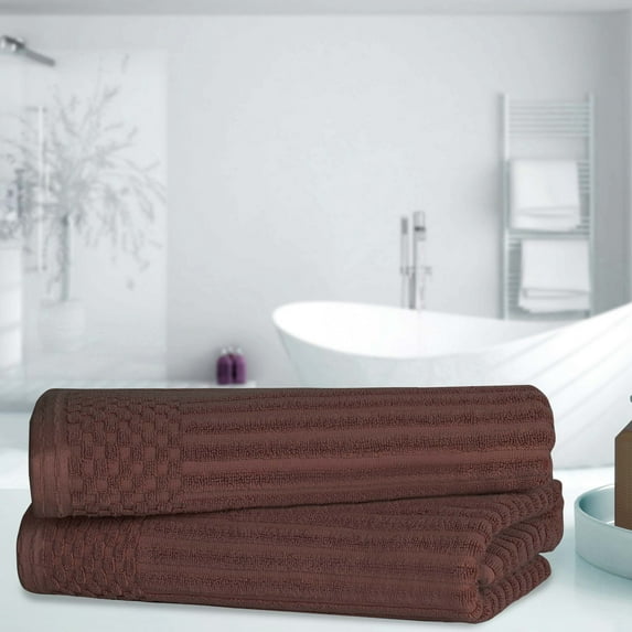 BNM Cotton Ribbed Checkered Bath Towels (Set of 2), Java