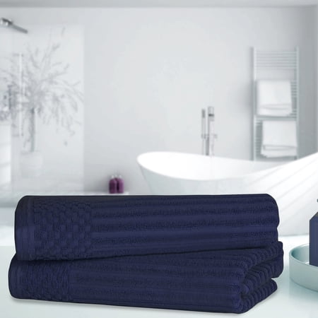 BNM Cotton Ribbed Checkered Bath Towels (Set of 2), Navy Blue