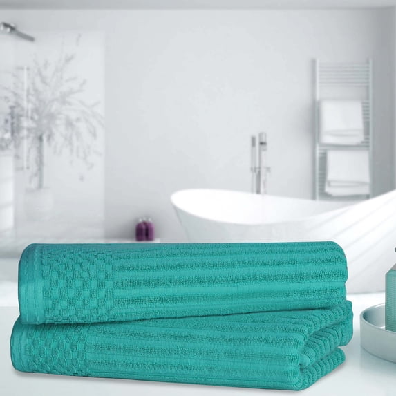BNM Cotton Ribbed Checkered Bath Towels (Set of 2), Turquoise