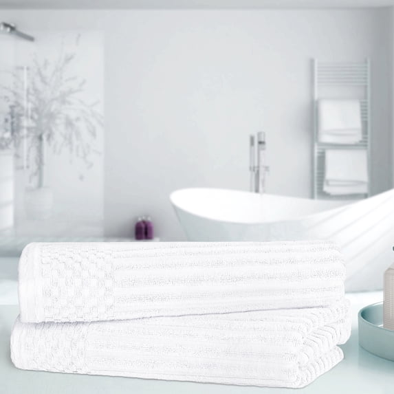 BNM Cotton Ribbed Checkered Bath Towels (Set of 2), White