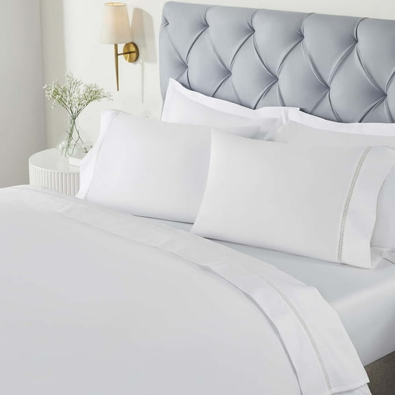 BNM Cross-Stitch Embroidered Cotton Bed Sheet Set, Full, White