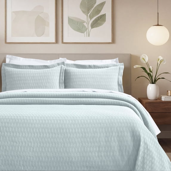 BNM Diamond Matelasse Cotton Bedspread Set, Full, Sky Blue