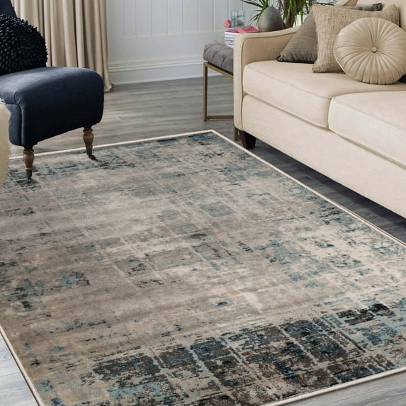 BNM Distressed Abstract Lines Indoor Area Rug, 5' x 8', Blue/ Cream