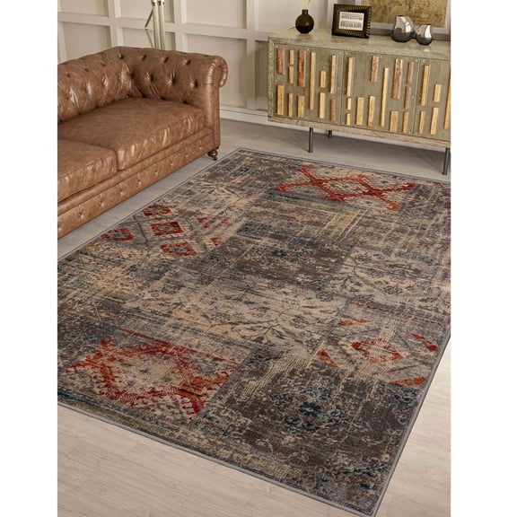 BNM Distressed Boho Lattice Indoor Area Rug, 4' x 6', Grey