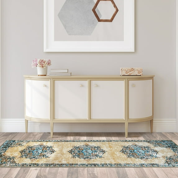 BNM Distressed Medallion Indoor Area Rug, 2' 7" x 8', Cream