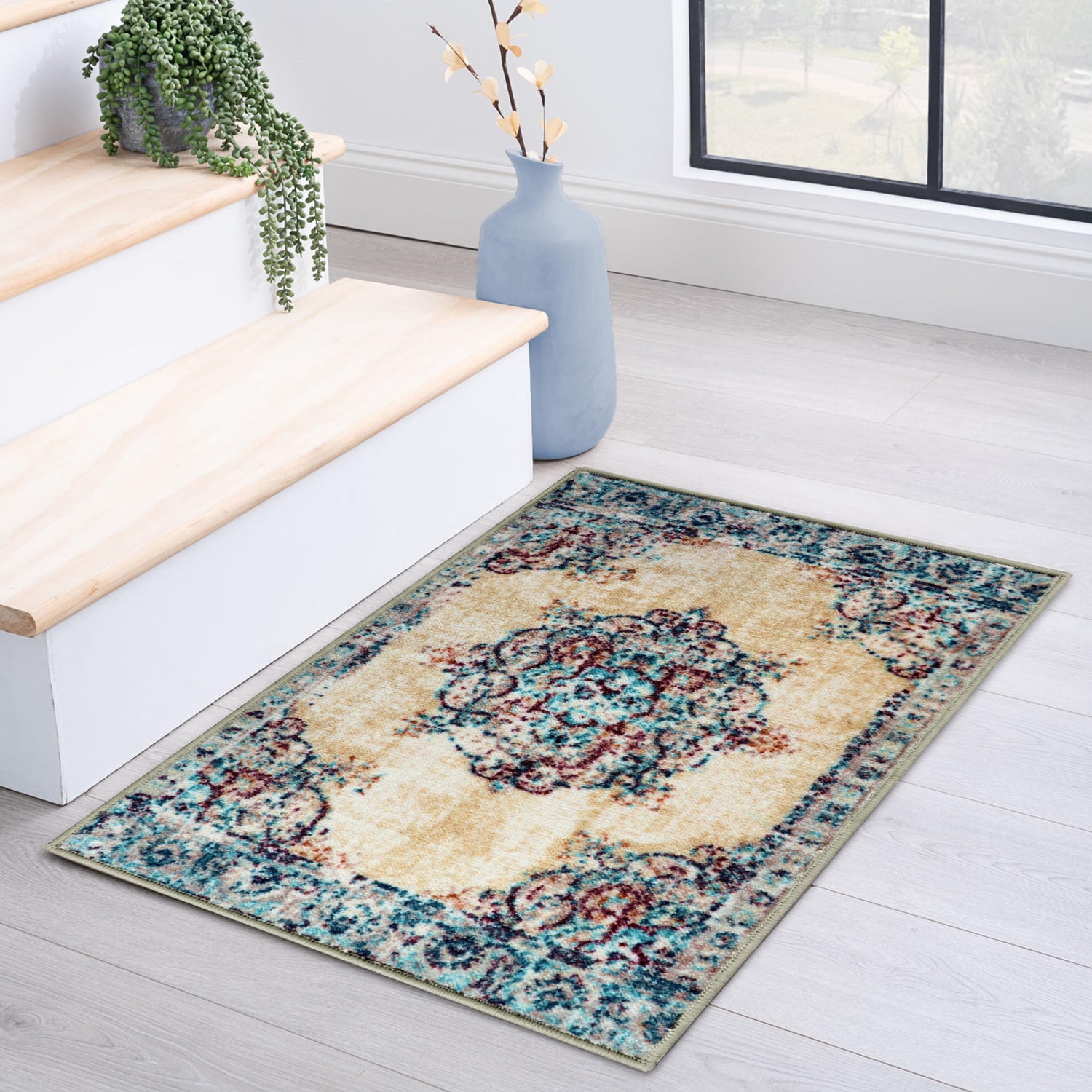 Cream and Burgundy Synthetic Medallion Area Rug, 10' x 14'