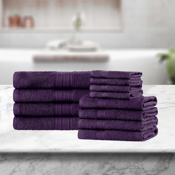 BNM Eco-Friendly Cotton Assorted Towel 12 Piece Set, Eggplant