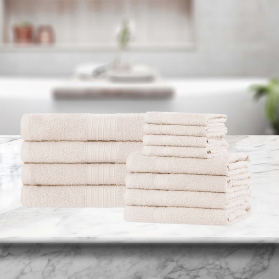 BNM Eco-Friendly Cotton Assorted Towel 12 Piece Set, Ivory