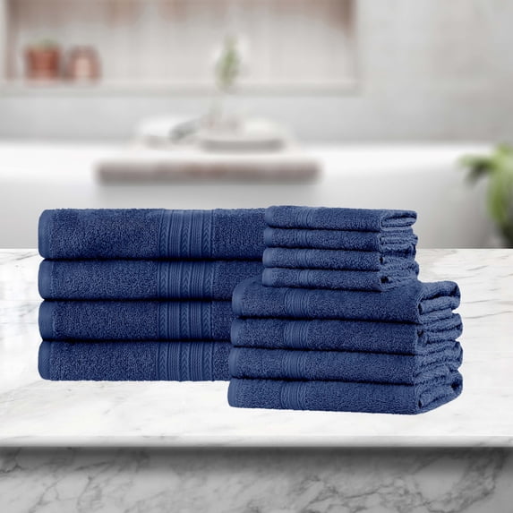 BNM Eco-Friendly Cotton Assorted Towel 12 Piece Set, Navy Blue