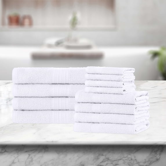 BNM Eco-Friendly Cotton Assorted Towel 12 Piece Set, White