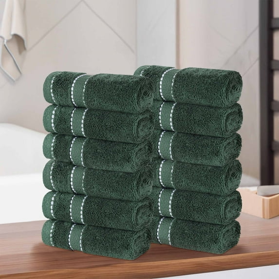 BNM Egypt Produced Giza Cotton Plush Face Towel Washcloth Set of 12, Forest Green