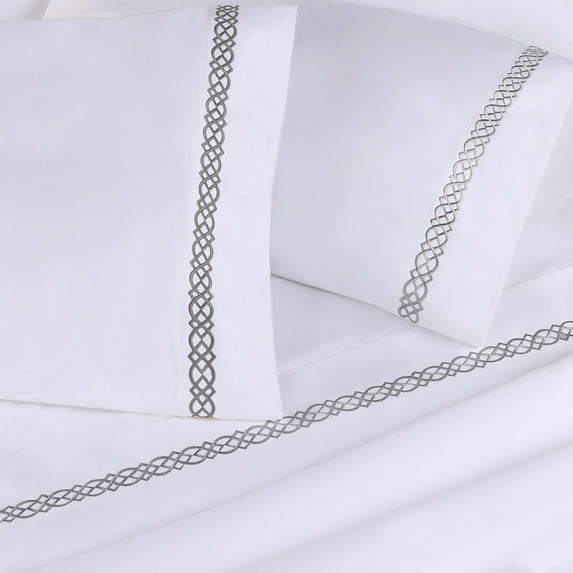 BNM Egyptian Cotton Embroidered Pillowcase Set, King, White-Charcoal