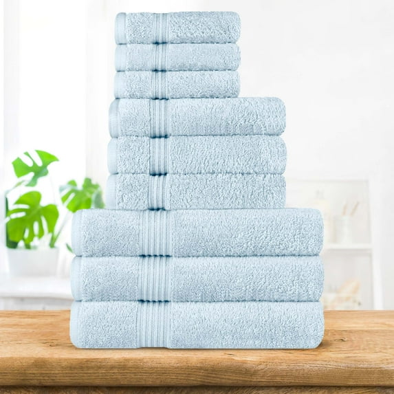 BNM Egyptian Cotton Luxury 9 Piece Towel Set, Light Blue