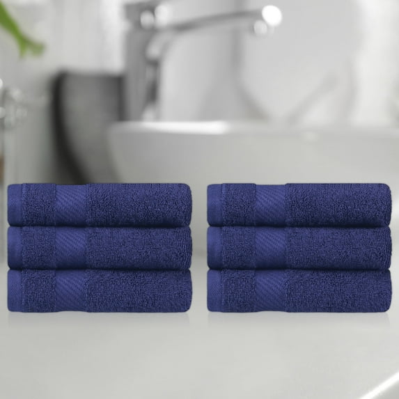 BNM Egyptian Cotton Solid Hand Towels, Set of 6, Navy Blue