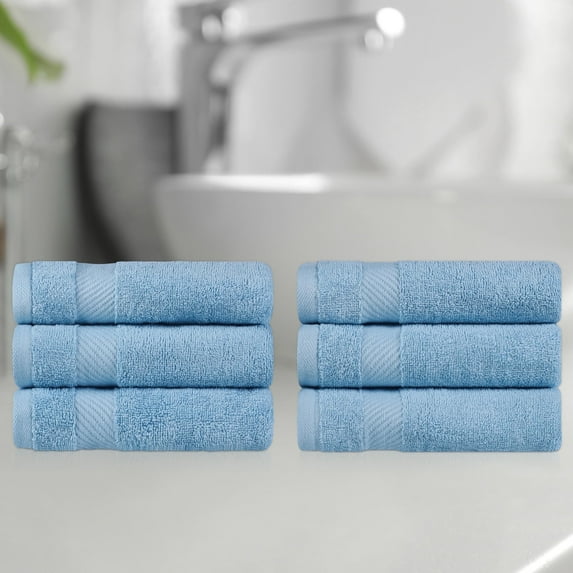 BNM Egyptian Cotton Solid Hand Towels, Set of 6, Winter Blue