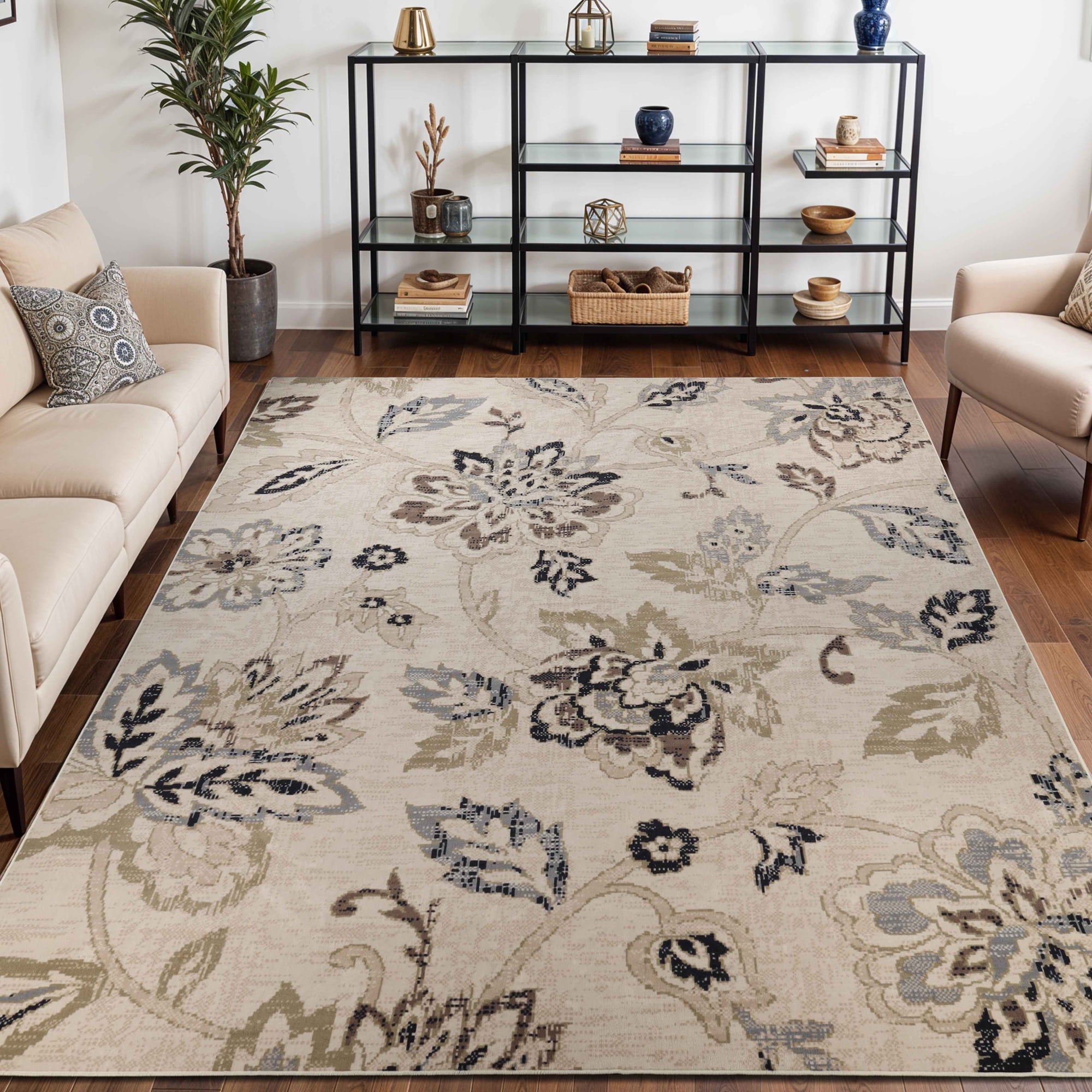 BNM Farmhouse Floral Indoor Area Rug, 12' x 15', Cream