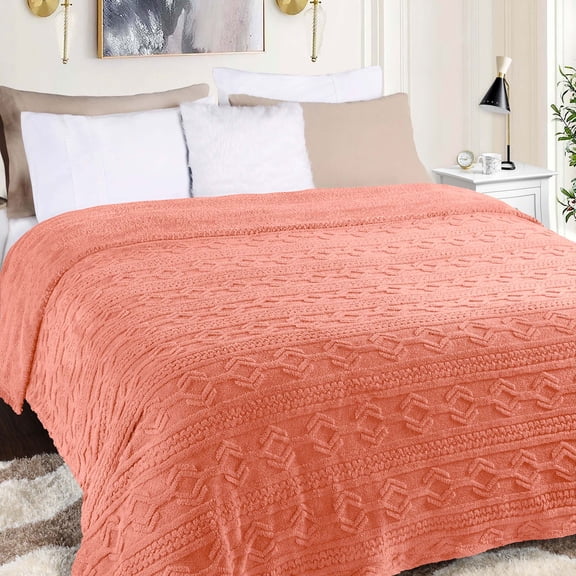 BNM Fleece Boho Knit Jacquard Blanket, Full/Queen, Blush