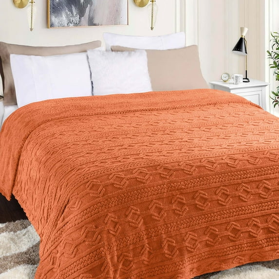 BNM Fleece Boho Knit Jacquard Blanket, King, Dusty Orange
