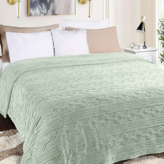 BNM Fleece Boho Knit Jacquard Blanket, Twin, Sea Foam