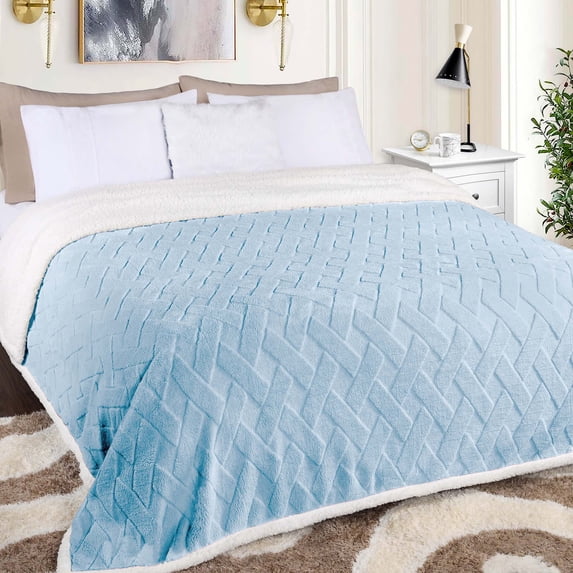 BNM Fleece Sherpa Reversible Lattice Blanket, Full/Queen, Light Blue