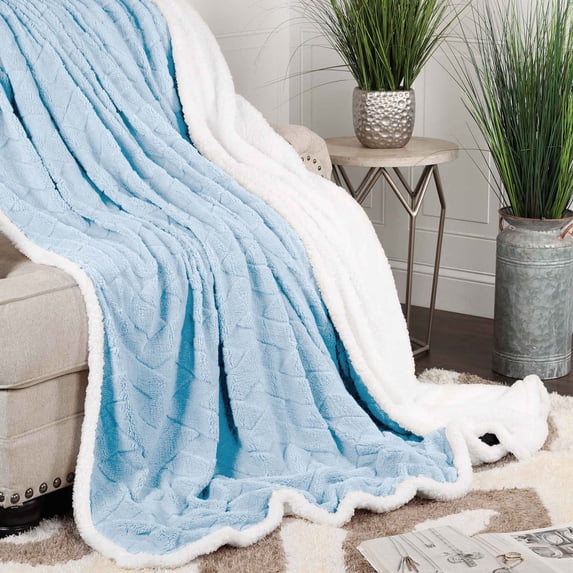 BNM Fleece Sherpa Reversible Lattice Blanket, Throw, Light Blue