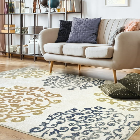 BNM Floral Indoor Non-Slip Washable Area Rug, 4' x 6', Ivory