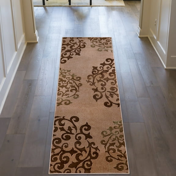 BNM Floral Indoor Non-Slip Washable Runner Rug, 2' 7" x 8', Camel
