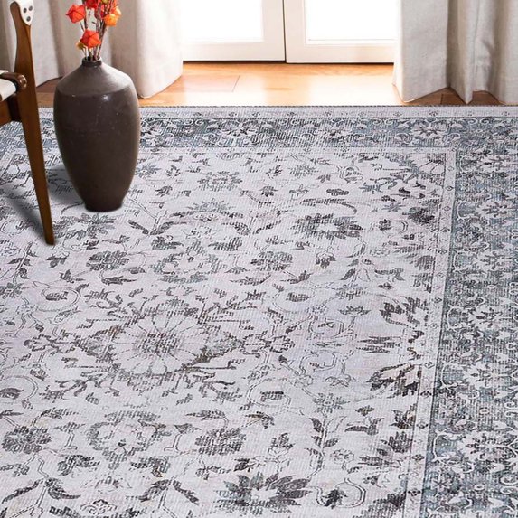 BNM Floral Scroll Border Washable Indoor Area Rug, 5' x 7' 6", Gray
