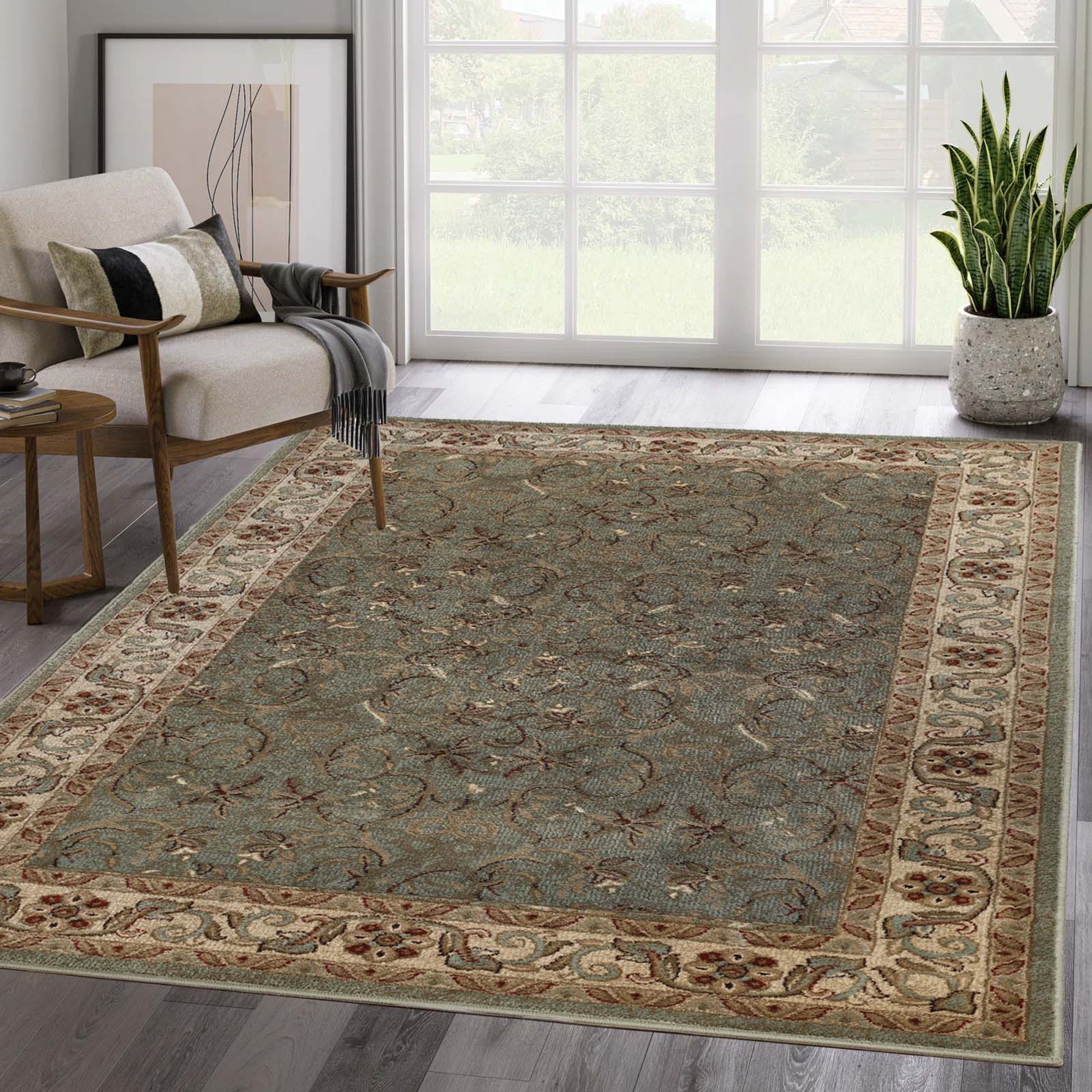 Traditional Dark Green Floral Scroll Synthetic Area Rug, 4' x 6'