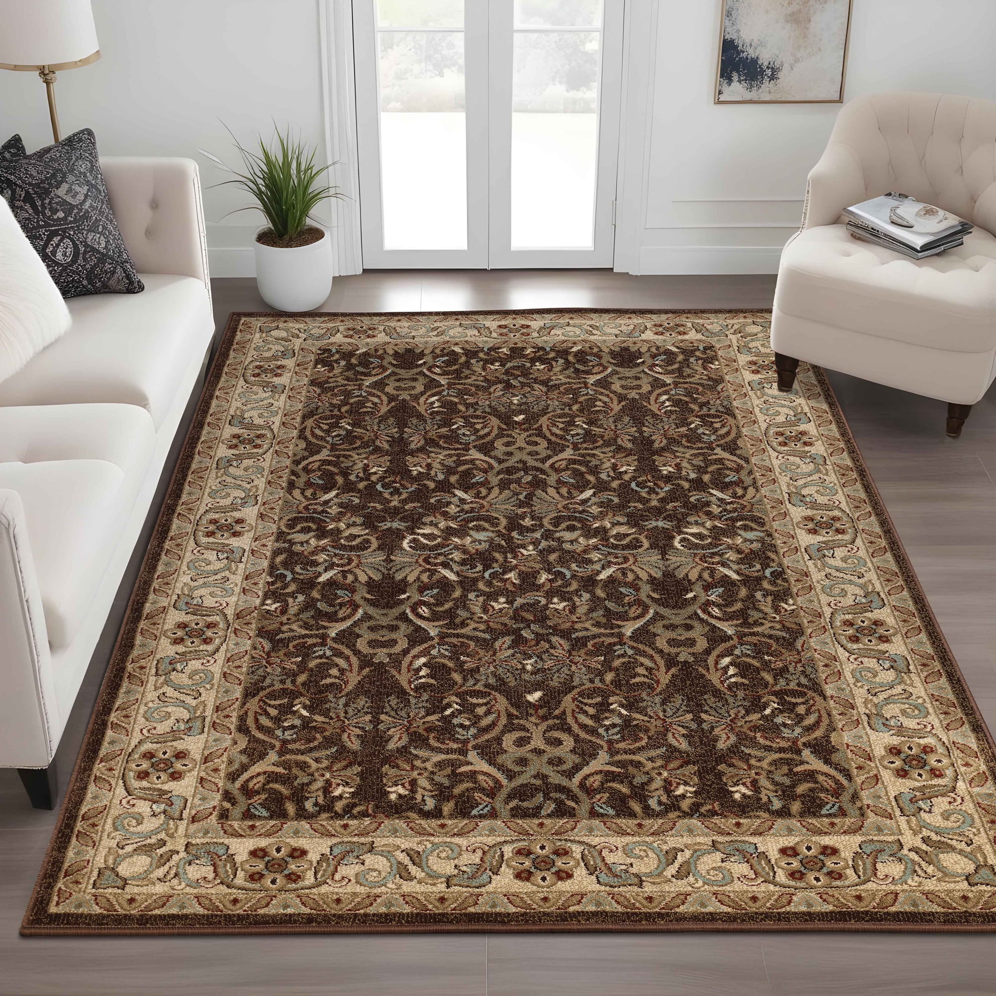 BNM Floral Scroll Vines Indoor Area Rug, 8' x 10', Mocha
