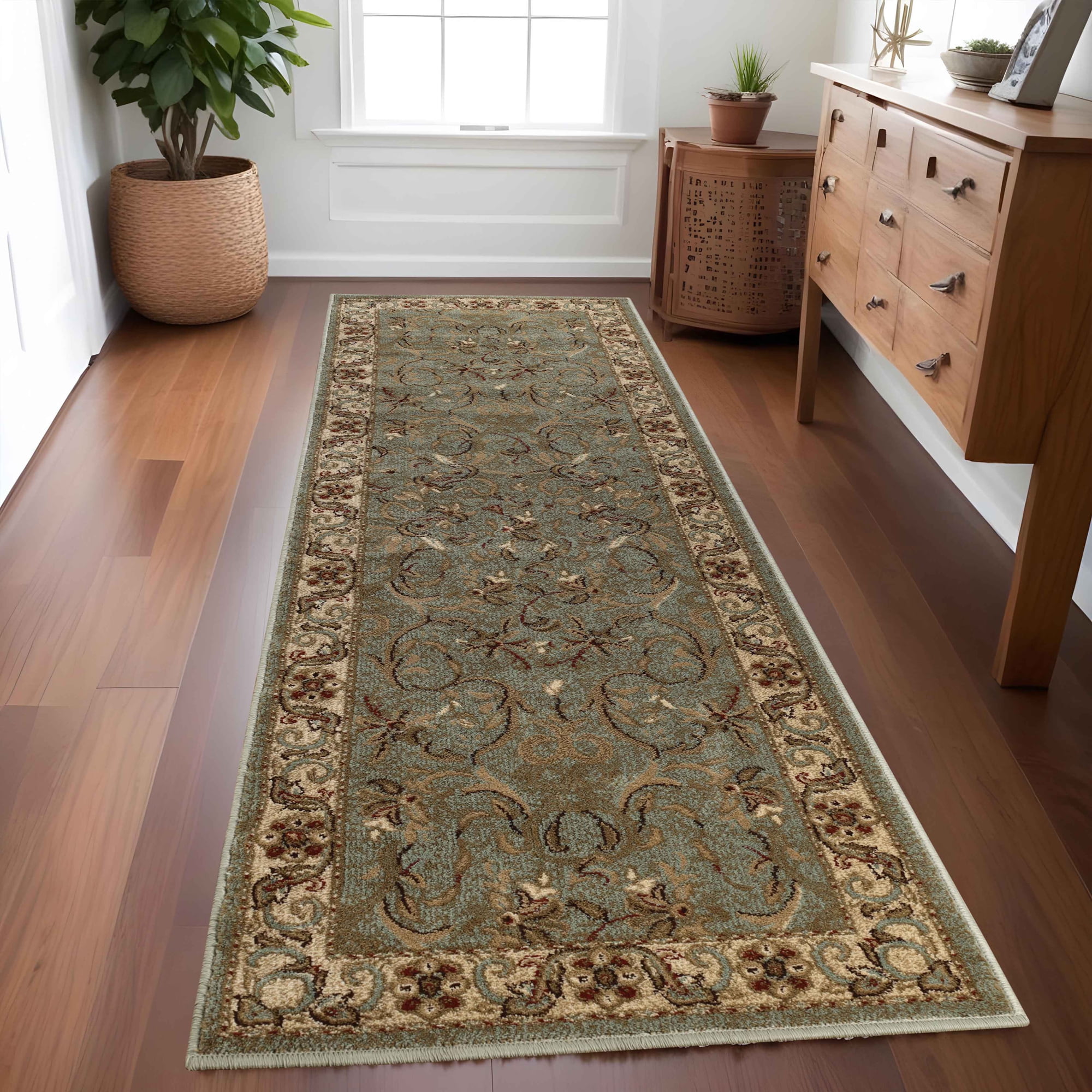BNM Floral Scroll Vines Indoor Runner Rug, 2' 6" x 8', Green