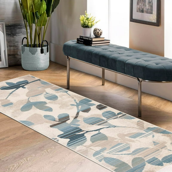 BNM Floral Vintage Leaves Indoor Runner Rug, 2' 7" x 8', Cream/ Blue
