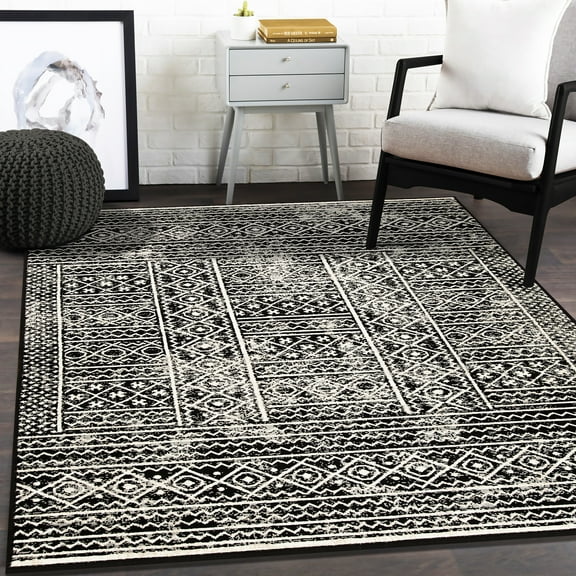 BNM Formal Geometric Border Indoor Area Rug, 4'x6', Black